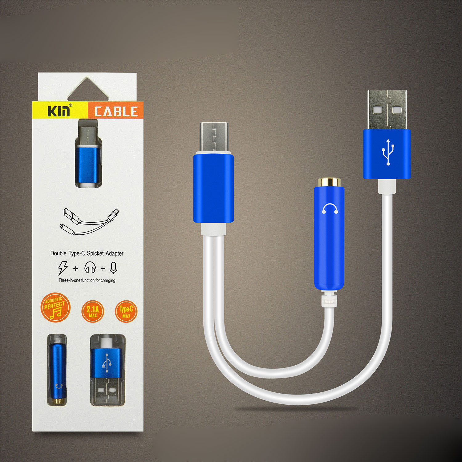 SHORT Type-C USB Charging Cable and 3.5mm Jack AUX Headphone Audio Adapter Dongle 9.5in (Blue)